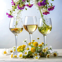 Three wine glasses filled with colorful spring flowers on white wooden table