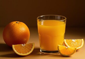 Bright, refreshing orange juice in a clear glass alongside fresh citrus fruit segments. Perfect for healthy breakfast or snack ,sweet ,breakfast ,plain background