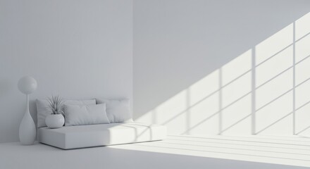 Bright, sunlit corner of a minimalist room dominated by white textures and soft natural light, creating a peaceful and airy atmosphere ,comfort ,decor ,nordic