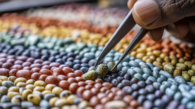 Selecting colorful beans with tweezers for culinary or art projects