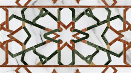 Intricate Geometric Interlacing Marble Inlay Pattern with Green and Terracotta Stone
