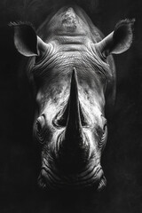 Rhino portrait on contrasting black and white backgrounds in wildlife setting