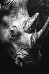 White rhino head isolated on black background wildlife animal portrait