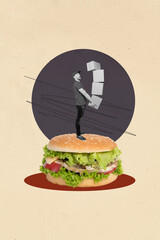 Art image trendy magazine photo collage of happy girl guy stand american hamburger fast food...
