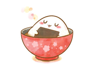 Onigiri Character Relaxing in a Rice Bowl Bath (Watercolor)