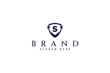 Shield logo with up arrow symbol of cardinal directions in flat vector design style
