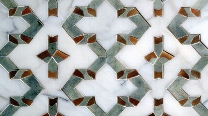 Seamless Geometric Marble Inlay Pattern with Grey-Green Stone and Brown Accents