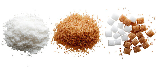 Three Piles of Sugar, White and Brown, in Diamond, Cube, and Triangle Shapes on Transparent Background