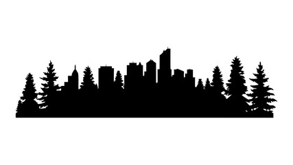 Modern city skyline silhouette embraced by evergreen trees, a unique urban nature blend perfect for logos and backgrounds, vector art