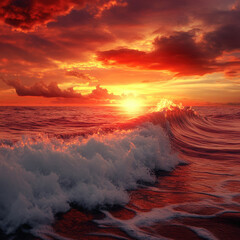 Sunset over the ocean with colorful clouds and beach reflection
