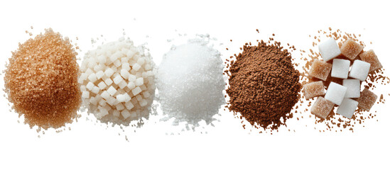 Three Piles of Sugar, White and Brown, in Diamond, Cube, and Triangle Shapes on Transparent Background