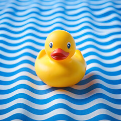 Yellow rubber duck toy on blue and white wavy striped background