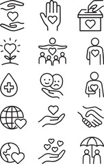 Charity and Care Line Icon Set — Kindness, Support, and Donation Symbols.