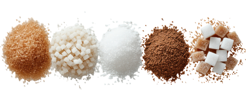 Three Piles of Sugar, White and Brown, in Diamond, Cube, and Triangle Shapes on Transparent Background