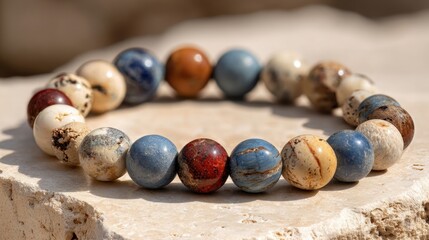 Earth tone gemstone bead bracelet on natural stone surface for fashion accessory design
