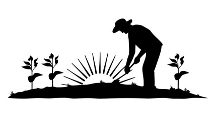 Silhouette farmer planting crops at sunrise symbolizes growth, hard work, and agricultural success perfect for farming, gardening, and agriculture themes