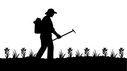 Silhouette of farmer planting crops, embodying rural life and agriculture, showing labor in fields, perfect for farming themes and agricultural projects