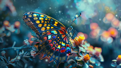 Vivid fantasy butterfly with multicolored spots on its wings, resting on a glowing plant in a magical setting.