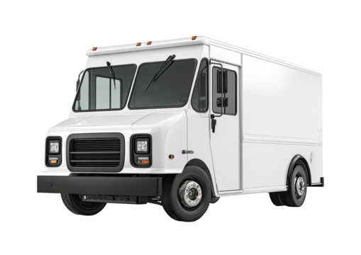 White delivery van, front view.  Blank, commercial, sturdy