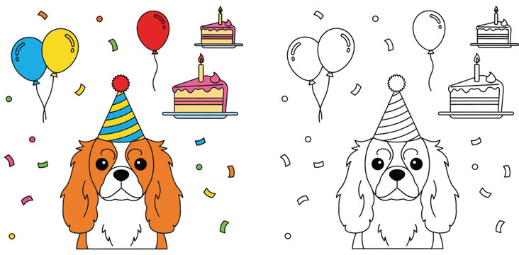 Cute Cavalier King Charles Spaniel in Party Hat with Birthday Cake, Balloons, and Confetti - Colorful and Outline Versions