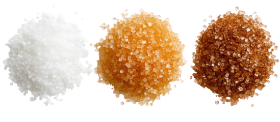 Three Piles of Sugar, White and Brown, in Hexagon, Rectangle, and Round Shapes on Transparent Background