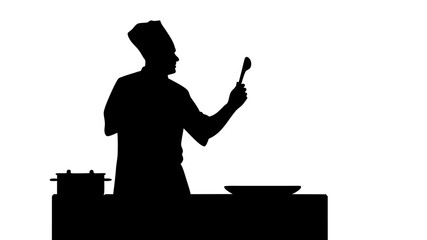 Dynamic silhouette of chef tasting food, perfect for culinary blogs, restaurant promotions, or food industry designs, originally a scalable vector graphic