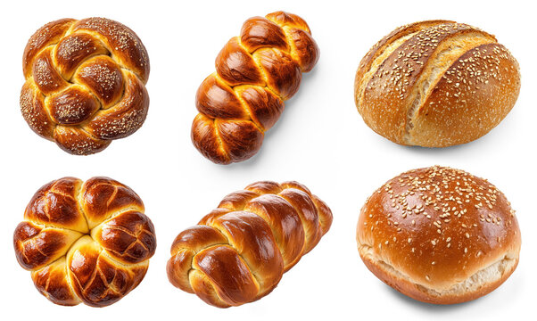 Collection of different types of bread, including a bun, on a white background.