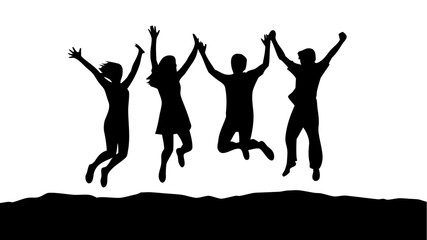 Silhouette of four friends jumping for joy, celebrating success and happiness together, perfect for conveying teamwork, freedom, and youthful energy, vector graphics