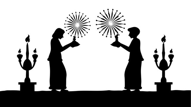 Elegant silhouette illustration of traditional dancers with lamps, perfect for cultural events and festive celebrations, a timeless design evoking heritage