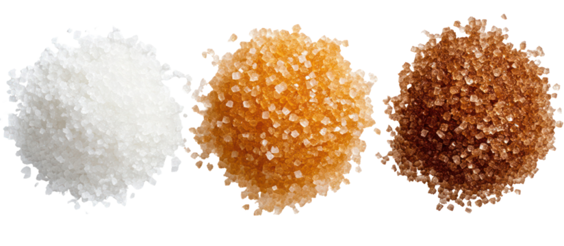 Three Piles of Sugar, White and Brown, in Hexagon, Rectangle, and Round Shapes on Transparent Background