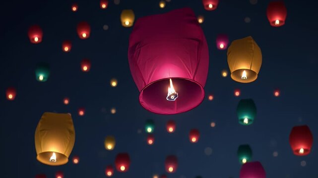 Colorful lanterns flying in the night sky with glowing candles inside