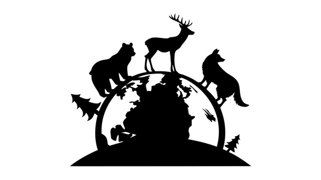 Striking world silhouette featuring a bear, deer, and wolf, perfect for environmental themes and global awareness campaigns that need a powerful visual