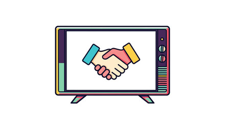 Obraz premium Colorful illustration of two hands shaking on a television screen with a white background and multicolored accents.