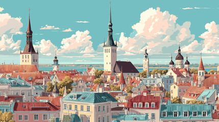 illustration, Cityscape of Tallinn, capital city of estonia, attractive touristic advertisement poster, beautiful touristic must-see destination. Beautiful tourist destination, in central europe.