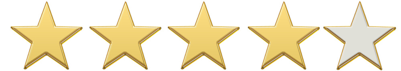 Shiny golden four star realistic rating icon 3D feedback badge representing good quality and positive customer review isolated on white background