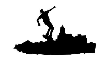 Obraz premium Dynamic skateboarder silhouette soaring above city skyline, showcasing urban freedom and vibrant street culture, perfect for youth-focused brands and designs