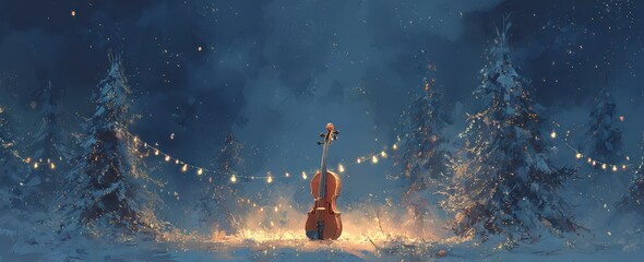 Violin in the winter snow celebrating new year