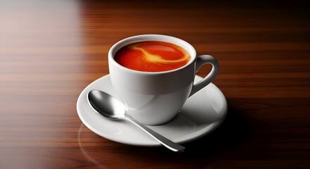 Obraz premium Cup of Tea on Saucer with Spoon on Wooden Table.