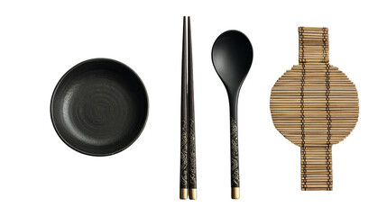 Modern minimalistic flat lay dragon-engraved ebony chopsticks on transparent background