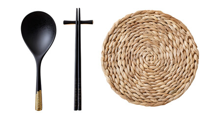 Modern minimalistic flat lay dragon-engraved ebony chopsticks on transparent background