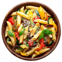 Rustic bowl of penne pasta with vegetables and parmesan on transparent background