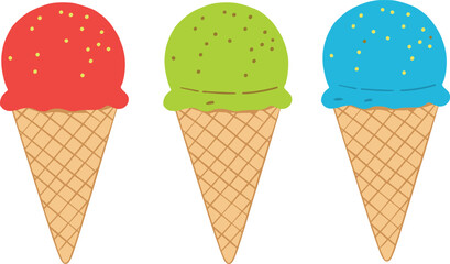 Colorful ice cream cones with red, green, blue scoops, waffle texture, yellow sprinkles, summer dessert, 