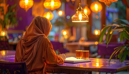 Creative Strategist Sketching at Violet Table With Amber Lighting