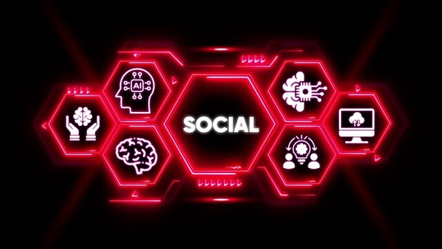 Digital Social Hexagon Network with AI and Brain Icons media online
