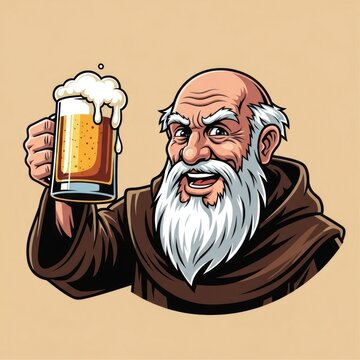 Cartoon monk raises beer mug celebrating tradition and brewing expertise