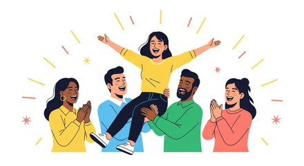 Team celebrating success together with confetti and balloons in flat illustration