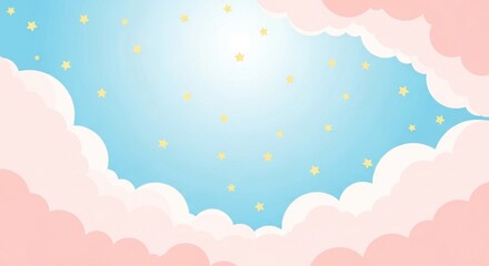 Cartoon sky with pink clouds stars and bright blue background design