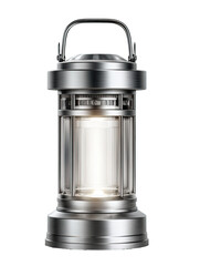 Sleek solar-powered lantern with metallic body and bright LED light on transparent background
