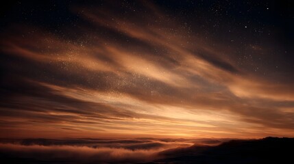 Fototapeta premium Golden light illuminates dramatic clouds and stars at dusk over a misty horizon