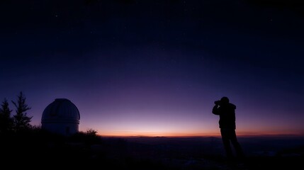 Silhouette of a person photographing the starry twilight sky at an observatory